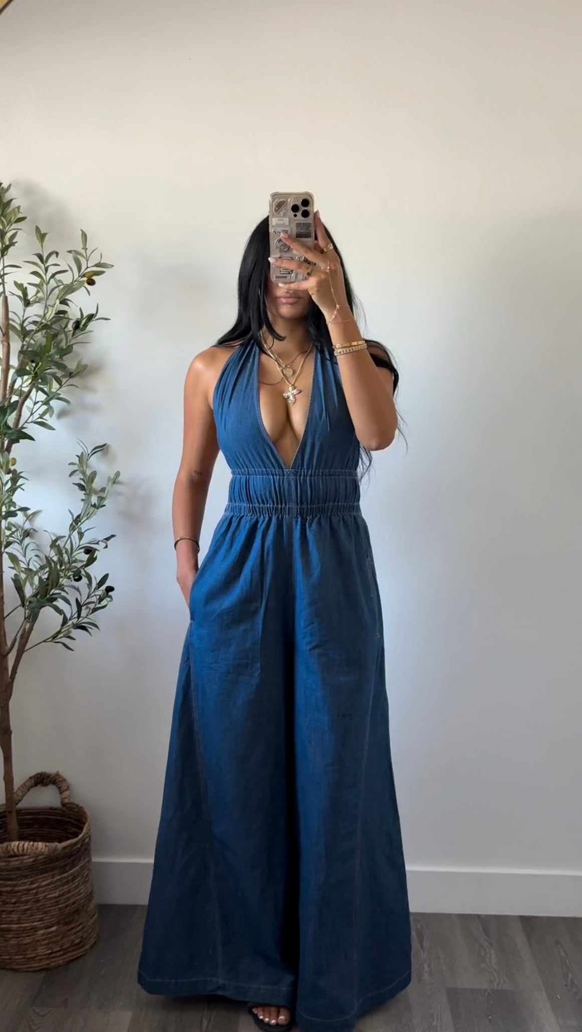 HALTER HOUR DENIM JUMPSUIT