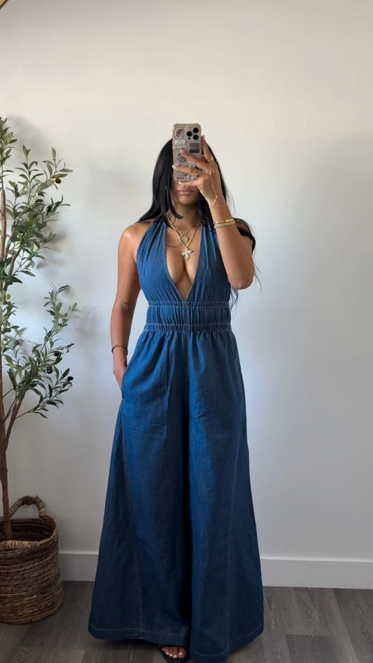 HALTER HOUR DENIM JUMPSUIT